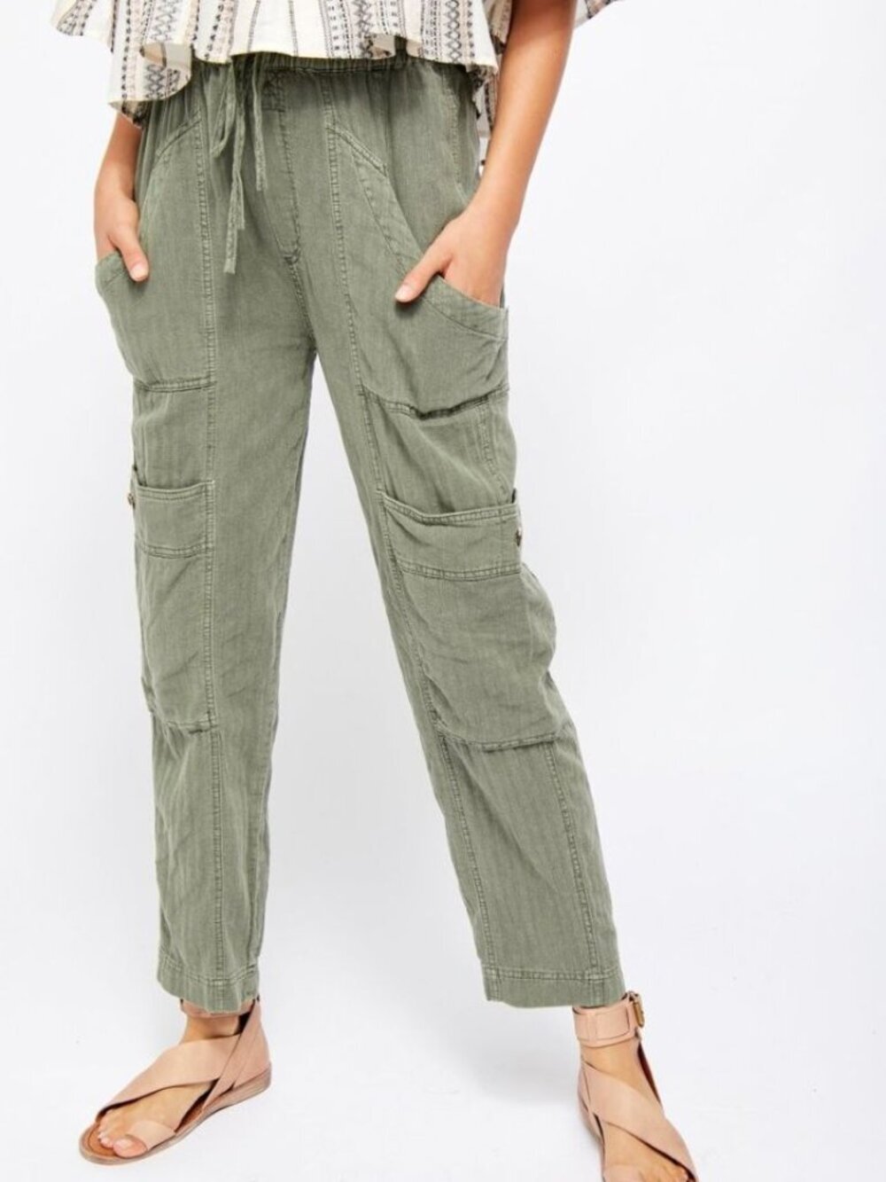 Free People Women XS Feelin Good Utility Pants Pull On Green Linen Blend Cargo